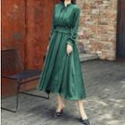 Long-sleeve Smocked-waist Midi A-line Dress
