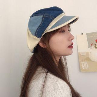Color Block Denim Panel Newsboy Cap Dark Blue & Light Blue & White - One Size