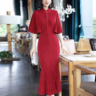 Glitter Flared-sleeve Midi Sheath Dress