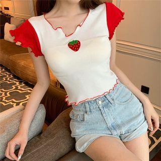 Strawberry Embroidered Frilled Trim Cropped Top