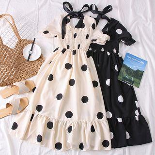 Ribbon-back Polka-dot Midi Dress
