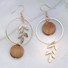 Non-matching Wooden Disc Alloy Leaf Hoop Earring