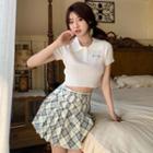Embroidery Letter Cropped Knit Top / High-waist Plaid Pleated Mini Skirt
