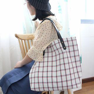 Plaid Tote Bag With Faux Leather Handle