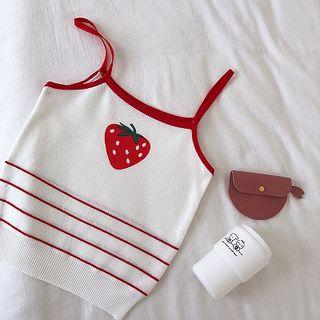 Strawberry Print Color-block Striped Knit Strap Top White - One Size