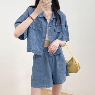 Washed Denim Button-up Jacket / High-waist Washed Denim Wide Leg Shorts