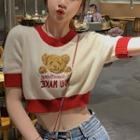 Bear Embroidered Cropped Short-sleeve Knit Top