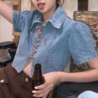 Short-sleeve Lace Up Denim Crop Shirt