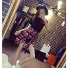Set: Short-sleeve T-shirt + Tie-waist Plaid Skirt