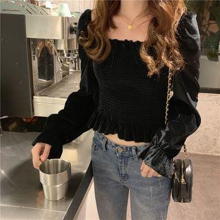 Long-sleeve Smocked Top Black - One Size