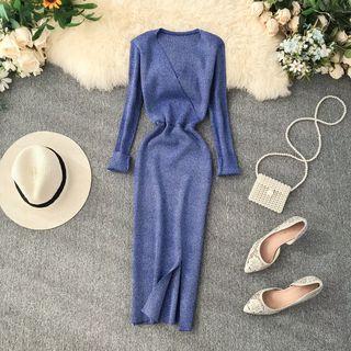 Melange Wrap Midi Knit Sheath Dress