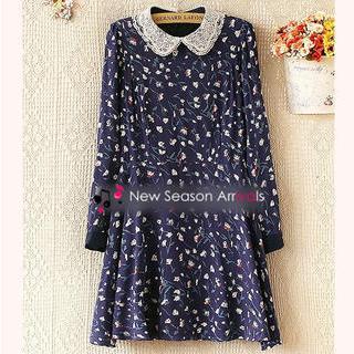 Crochet-collar Printed A-line Dress