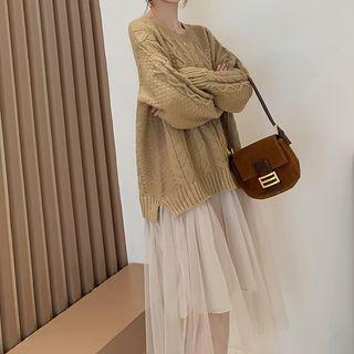 Mock Two-piece Knit Panel Mesh Midi A-line Dress
