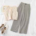 Set: Sleeveless Lace Buttoned Top + Checker Straight Fit Pants