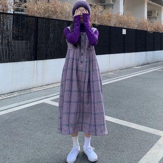 Long-sleeve T-shirt / Plaid Midi A-line Pinafore Dress
