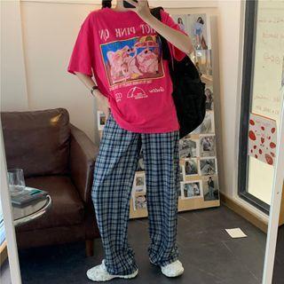 Elbow-sleeve Printed T-shirt / Plaid Straight-fit Pants