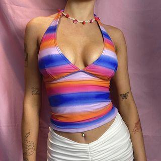 Halter-neck V-neck Striped Crop Tank Top