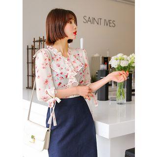Plus Size - Tie-sleeve Floral Chiffon Blouse