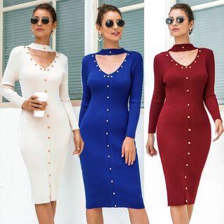 Long Sleeve Cutout Sequined Sweater Pencil Dress