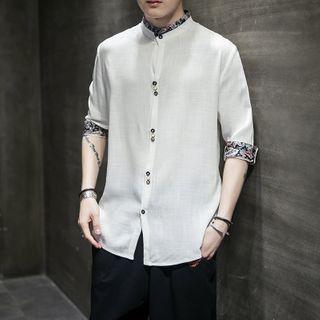 Elbow-sleeve Stand Collar Buttoned Shirt