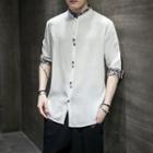 Elbow-sleeve Stand Collar Buttoned Shirt