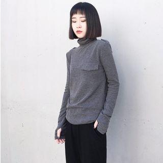 Epaulette-accent Thumbhole Turtleneck T-shirt