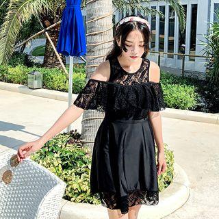 Set: Cutout Shoulder Lace Panel Swimdress + Plain Swim Shorts