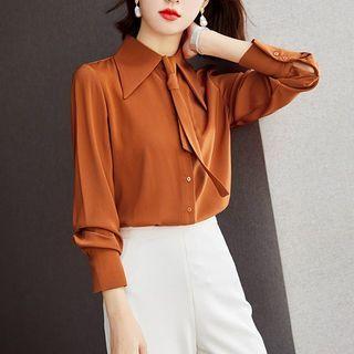 Long-sleeve Plain Necktie Top