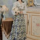 Set: Ruffled Blouse + Floral Print Midi Pinafore Dress