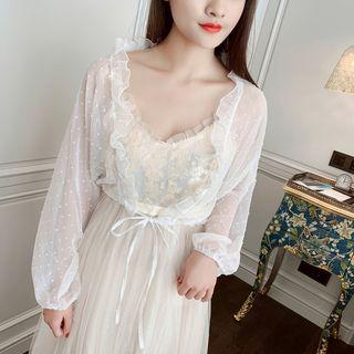 Dotted Ruffle Cropped Open Front Chiffon Jacket