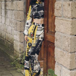 Set: Printed Bell-sleeve Top + Printed Wide-leg Pants