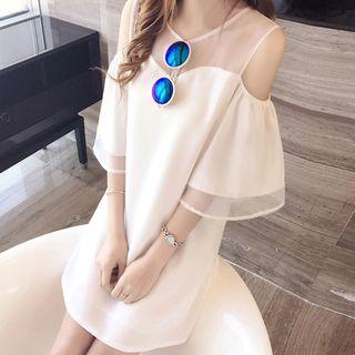 Cut Out Shoulder Mesh Panel 3/4 Sleeve Dress