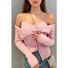 Set: Spaghetti-strap Top + Off-shoulder Ribbed Cardigan