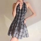 Sleeveless Halter Plaid Mini A-line Dress