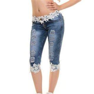 Lace Trim Distressed Cropped Jeans