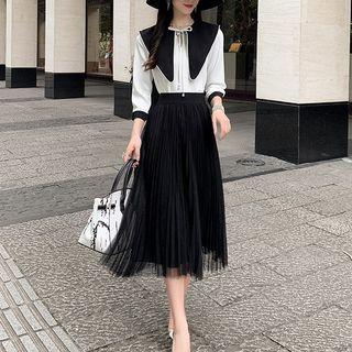 Set: Short-sleeve Doll-collar Blouse + Mesh Midi Skirt