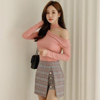 Long-sleeve Asymmetrical Top / Plaid Asymmetrical Mini Pencil Skort