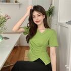 Short-sleeve Skew Neck Slit T-shirt