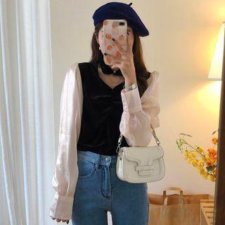 Velvet Panel Two-tone Blouse Black - One Size