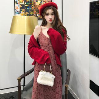 V-neck Cardigan / Floral Midi Spaghetti Strap Dress