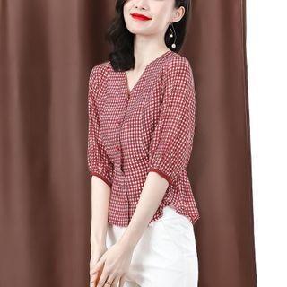 Elbow-sleeve Plaid Button-up Blouse