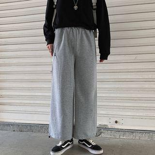 Elastic-waist Lettering Embroidered Straight-cut Pants