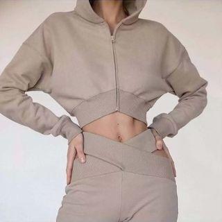 Plain Cropped Zip-up Hoodie / High Waist Bootcut Pants