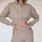 Plain Cropped Zip-up Hoodie / High Waist Bootcut Pants