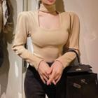 Long-sleeve Cutout T-shirt Khaki - One Size