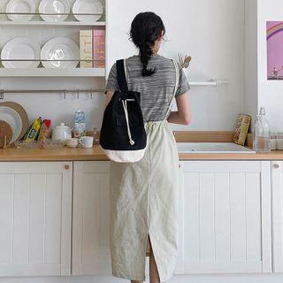 Flap-pocket Two-tone Bucket Backpack