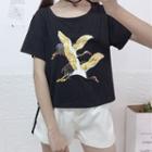 Short-sleeve Crane Print T-shirt / Contrast Trim Shorts