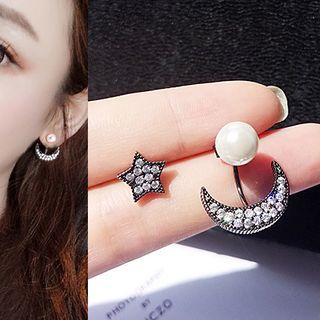 925 Sterling Silver Faux Pearl Rhinestone Moon & Star Earring White Faux Pearl & Moon & Star - Silver - One Size