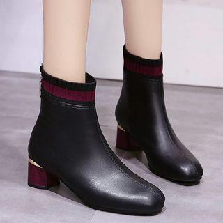 Faux Leather Panel Chunky Heel Short Boots