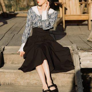 Set: Flower Print Blouse + Midi A-line Skirt